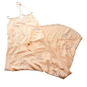 Tiare Hawaii Embroidered Bird Motif Peach Maxi Dress Boho Wedding Resort M/L